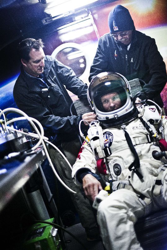 Baumgartner: The man who jumped from the stratosphere and exceeded the speed of sound 2 The Red Bull Stratos mission team preps Felix Baumgartnem before heading into the stratosphere. Photo: AFP