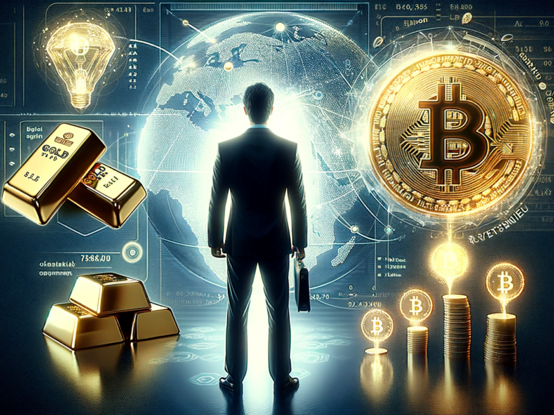 robert kiyosakis financial strategy navigating inflation with gold silver and bitcoin between two contrasting symbols of wealth