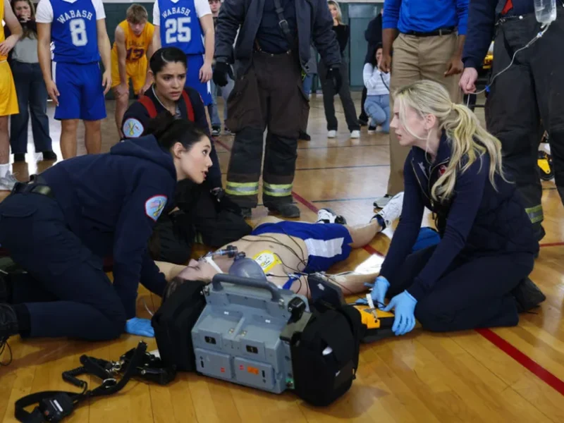 CHICAGO FIRE -- "On The Hook" Episode 12005 -- Pictured: (l-r) Hanako Greensmith as Violet Mikami, Miranda Rae Mayo as Stella Kidd, Christian Stolte as Randy "Mouch" McHolland, Kara Killmer as Sylvie Brett -- (Photo by: Adrian S Burrows Sr/NBC) /