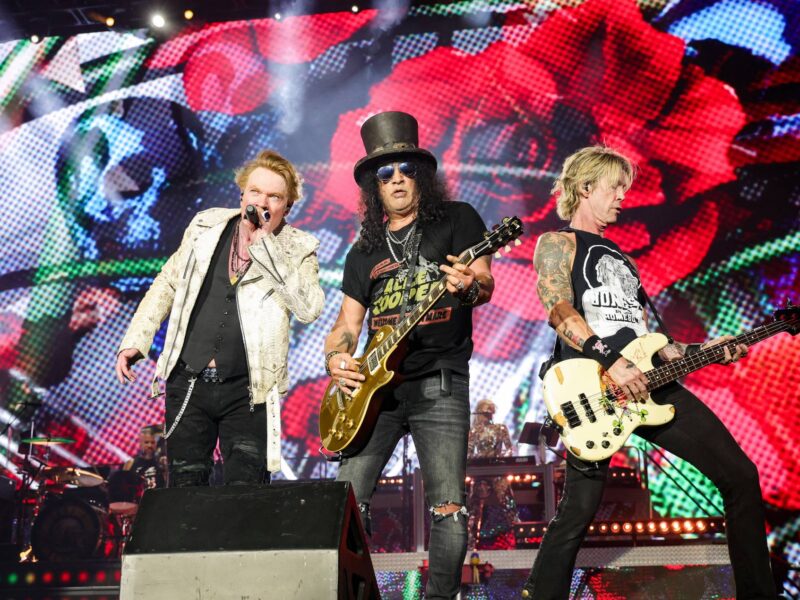 INDIO, CALIFORNIA - OCTOBER 06: (EDITORIAL USE ONLY) (L-R) Axl Rose, Slash, and Duff McKagan of Guns N' Roses perform onstage during the Power Trip music festival at Empire Polo Club on October 06, 2023 in Indio, California. (Photo by Kevin Mazur/Getty Images for Power Trip)