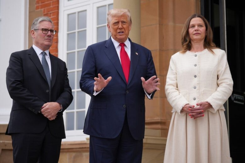 U.S. President Donald Trump gestures as he meets with British Prime Minister Keir Starmer (left) and Starmer’s wife, Victoria Starmer, (right) at Trump Turnberry golf club in Turnberry, Scotland, on July 28. Christopher Furlong/Getty Images